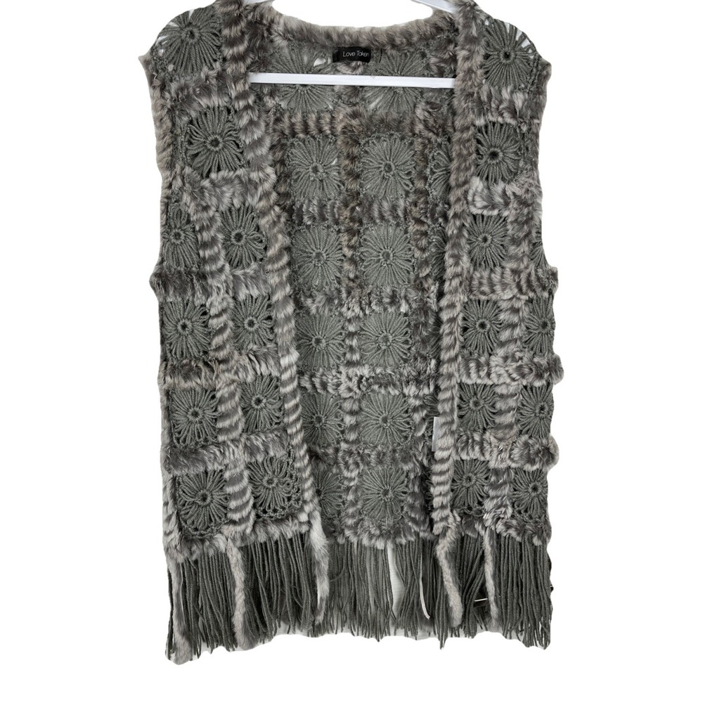 Love Token NWOT Crochet Size XS Gray 100% Rabbit Fur VEST Fringe Y2K‎ Boho SOFT